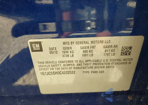 2012 Chevrolet Sonic 2Lt z USA, uszkodzony, nr VIN 1G1JC5SH9C4202532